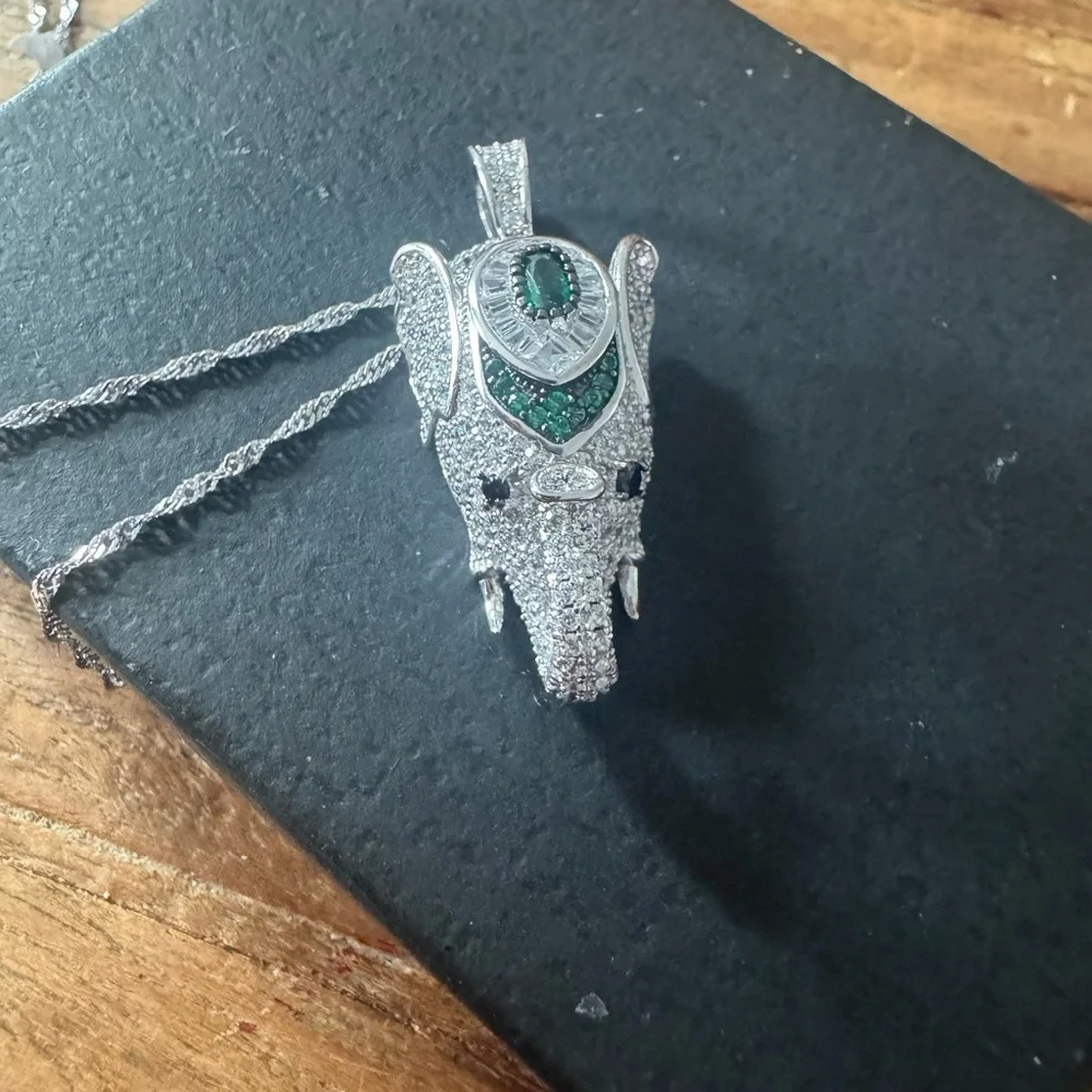 Silver and Green Elephant Pendant Necklace